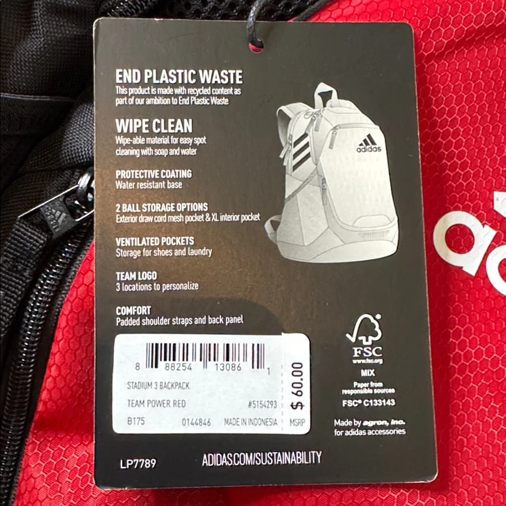 Unisex Adidas Stadium 3 Backpack Team Power Red Soccer Ball CleatCompartment NWT